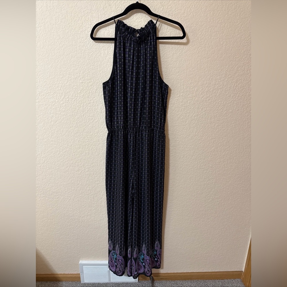CeCe Jumpsuit Women’s Black Paisley Striped Wide Leg Sz M Elastic‎ Waist Belted